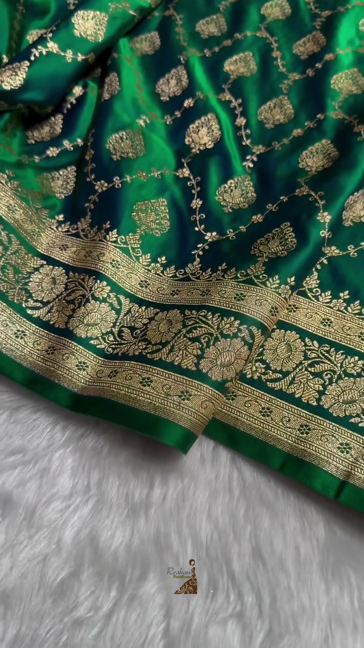 Emerald Green Banarasi Silk Saree – All-Over Zari Jaal & Leaf Motif Weave
