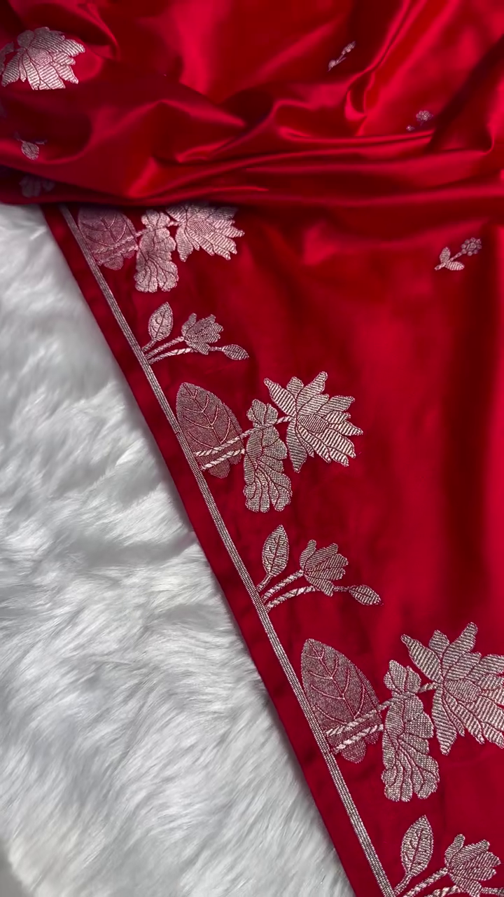 Ruby Red Banarasi Silk Saree – Silver Zari Floral Border & Minimal Butta Work