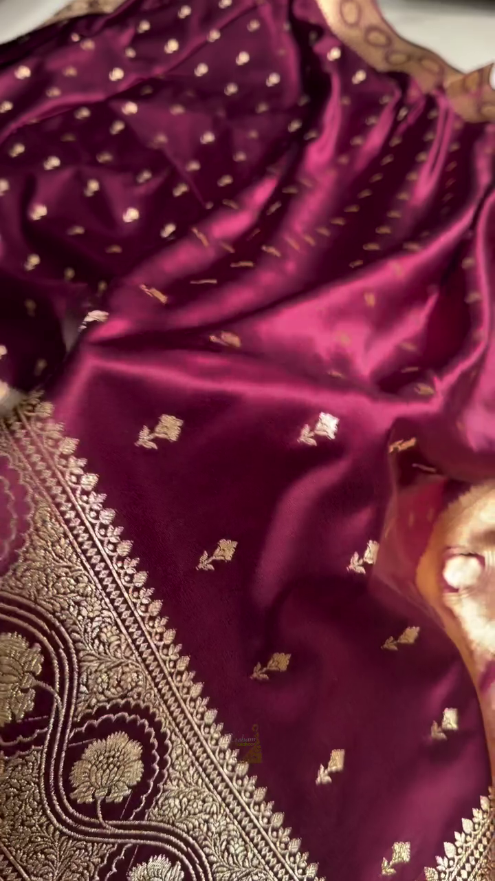 Maroon Banarasi Silk Saree with Gold Zari Buti Motifs & Traditional Woven Border