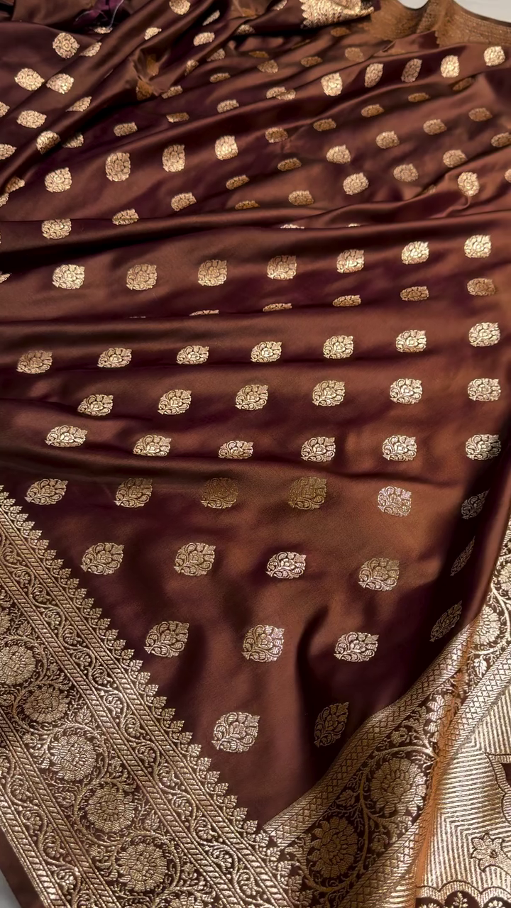 Coffee Brown Banarasi Silk Saree – Rich Golden Zari Butta & Grand Border