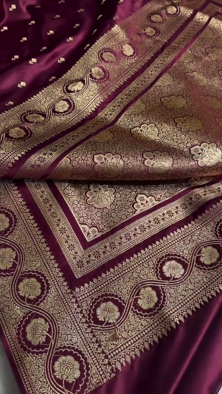 Maroon Banarasi Silk Saree with Gold Zari Buti Motifs & Traditional Woven Border