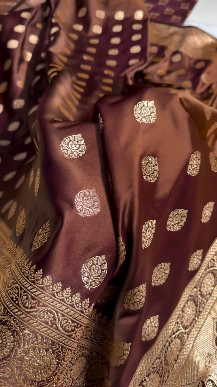 Coffee Brown Banarasi Silk Saree – Rich Golden Zari Butta & Grand Border