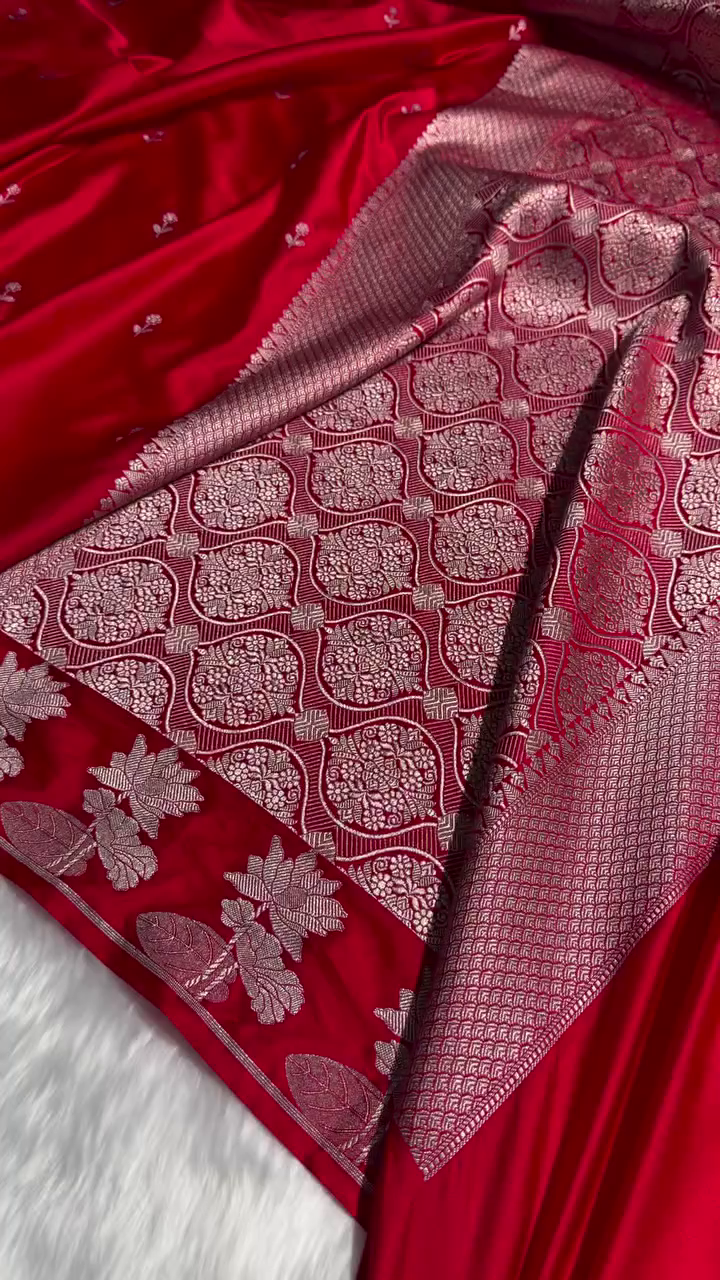 Ruby Red Banarasi Silk Saree – Silver Zari Floral Border & Minimal Butta Work