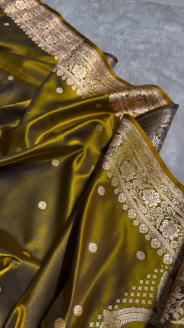 Olive Gold Banarasi Silk Saree – Elegant Zari Butta Weave