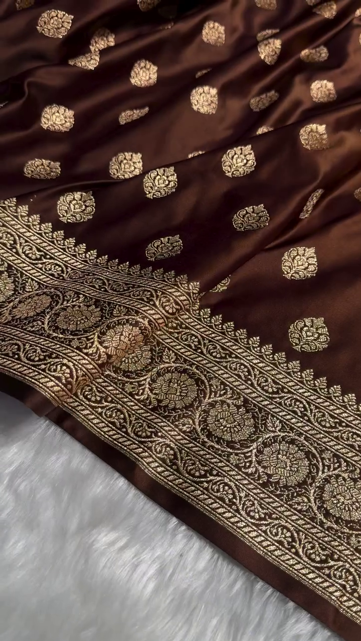 Coffee Brown Banarasi Silk Saree – Rich Golden Zari Butta & Grand Border