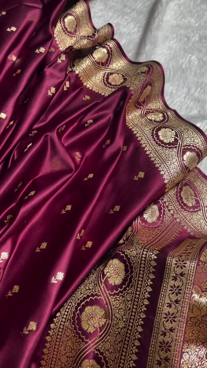 Maroon Banarasi Silk Saree with Gold Zari Buti Motifs & Traditional Woven Border
