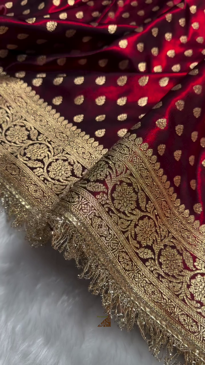 Maroon Red Banarasi Silk Saree – Golden Zari Butta & Heavy Floral Border