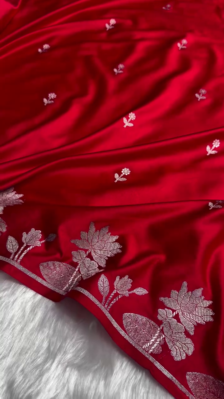 Ruby Red Banarasi Silk Saree – Silver Zari Floral Border & Minimal Butta Work