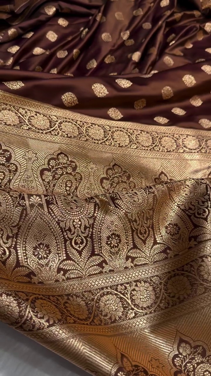 Coffee Brown Banarasi Silk Saree – Rich Golden Zari Butta & Grand Border