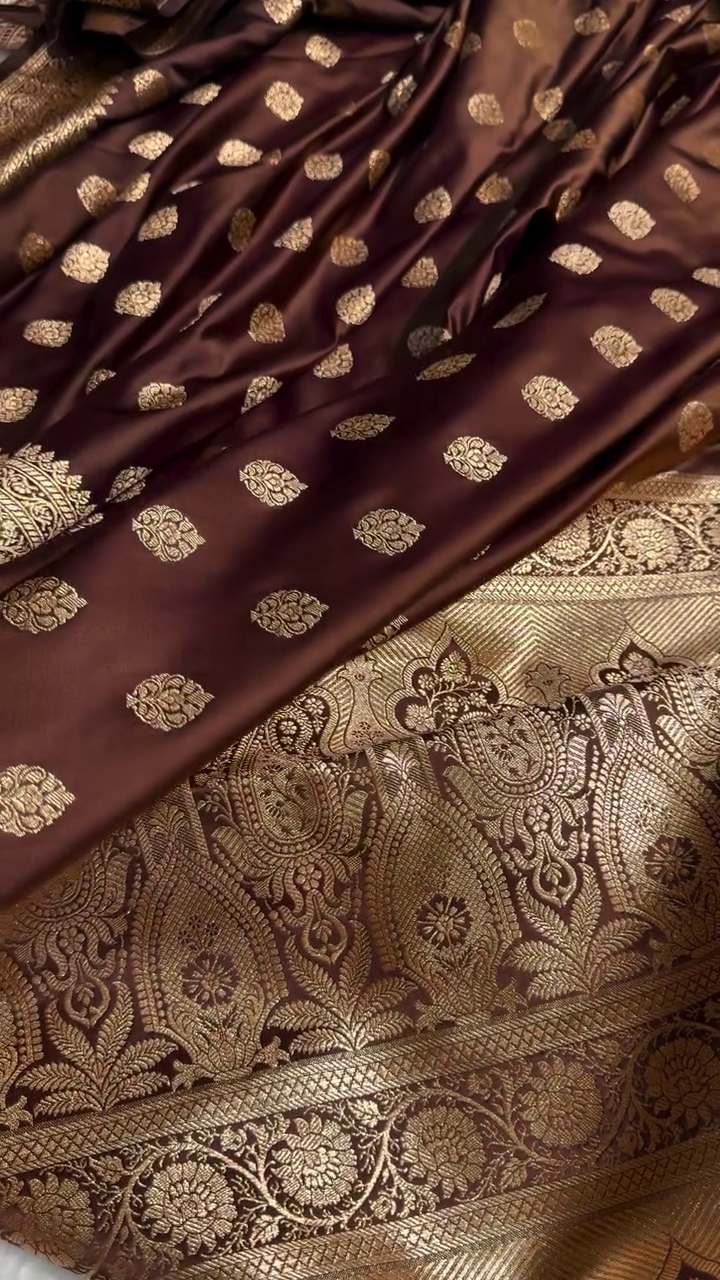 Coffee Brown Banarasi Silk Saree – Rich Golden Zari Butta & Grand Border