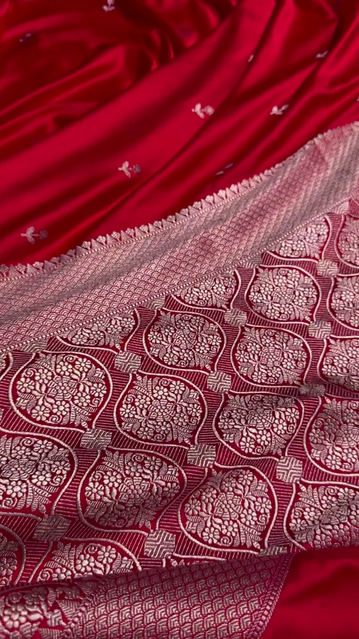 Ruby Red Banarasi Silk Saree – Silver Zari Floral Border & Minimal Butta Work