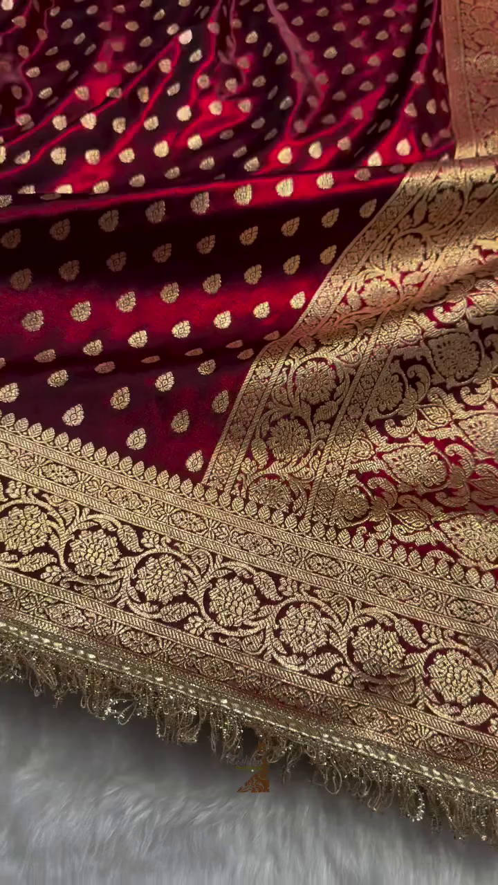 Maroon Red Banarasi Silk Saree – Golden Zari Butta & Heavy Floral Border