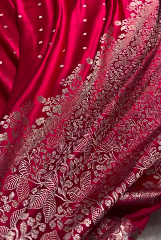 Hot Pink Banarasi Silk Saree with Silver Zari Floral Border & Delicate Buti Work