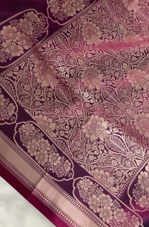 Wine Purple Banarasi Silk Saree with Gold Zari Floral Buti Motifs & Classic Woven Border