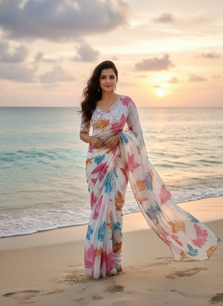 Ivory Whisper Organza Saree with Multicolor Leaf Motifs & Pearl Finish Border