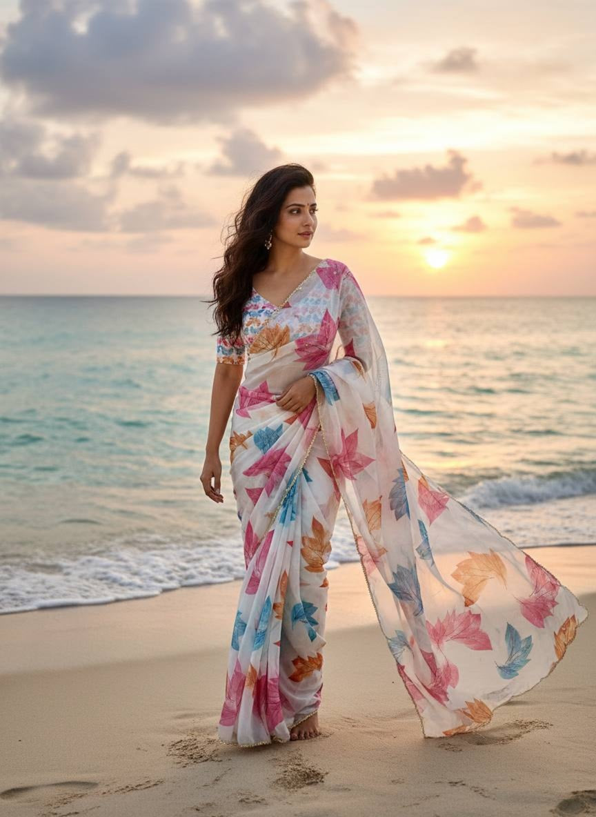 Ivory Whisper Organza Saree with Multicolor Leaf Motifs & Pearl Finish Border